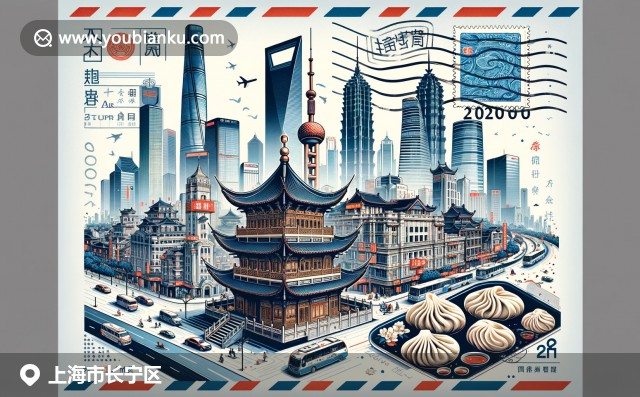 上海長寧區現代插畫：靜安寺、城市風貌與小籠包，展現歷史遺產與美食文化
