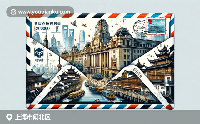 上海現代插畫藝術，融合閘北區文化元素和郵政主題，展示火車站、蘇州河、石庫門建築
