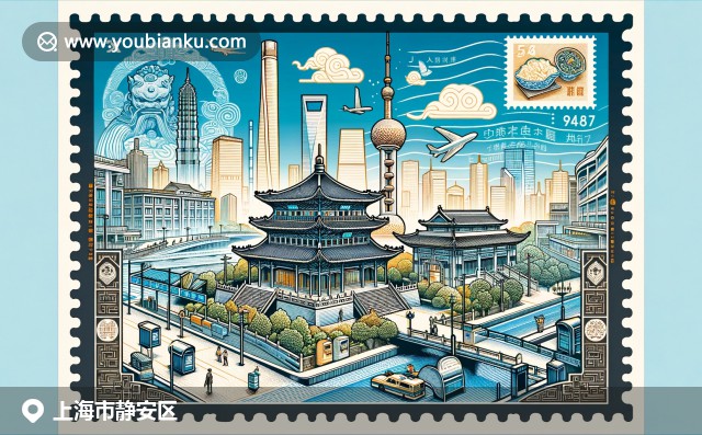上海靜安區的古典與現代融合，展示靜安寺、南京西路和小籠包，以航空郵政元素為邊框