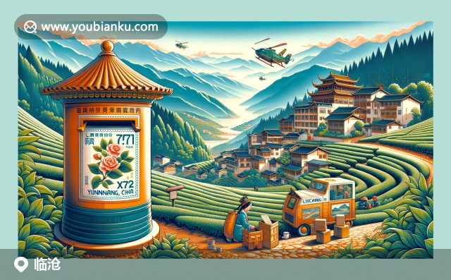 雲南臨滄大佛寺、茶葉與郵政元素的現代插畫
