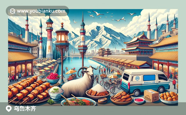 新疆國際大巴扎的維吾爾風格航空信封展現繁忙市場場景與民族特色手工藝品