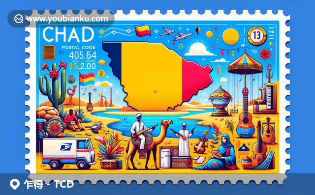 展現查德豐富文化與郵政特色，融合國旗色彩、查德湖輪廓、駱駝和傳統服飾