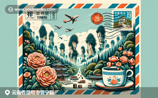 現代創意航空郵件信封，展現雲南石林景觀、普洱茶和山茶花