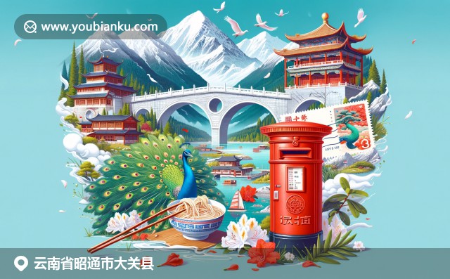 云南大关县自然美景与邮政文化的结合，水稻梯田映衬金色阳光，中国风邮票邮筒显地域风情