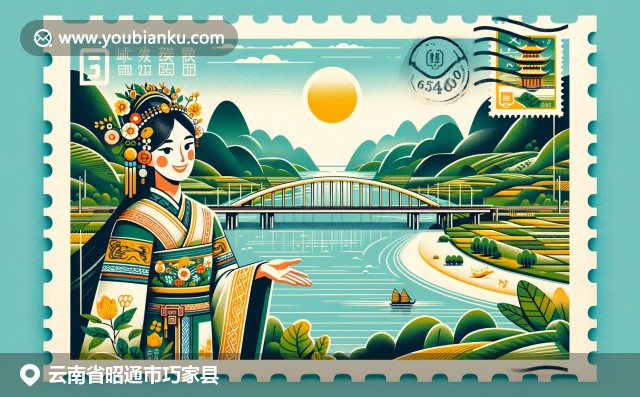 巧家县自然景观与彝族文化融合，展现黄河大桥、绿色景观及传统服饰，寓意丰富资源和文化底蕴