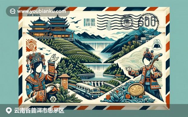 雲南普洱獨特文化與地理特色，展示茶園、大壩與傣族服飾融入郵政元素