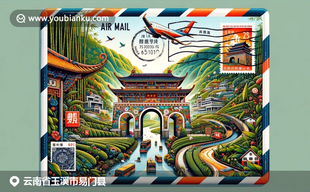 现代创意航空邮件信封，展现易门县古朝阳门、茶园和邮政元素