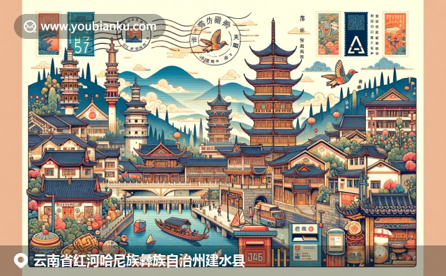 云南建水县双龙桥、朱家花园和古城街道的现代插画，融入航空邮件元素