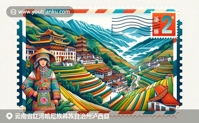泸西县文化与地理精髓：建水古镇、梯田与哈尼族服饰的现代插画呈现