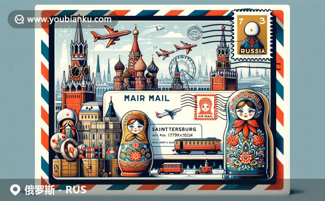 現代插畫融合俄羅斯文化與郵政符號，展示克里姆林宮和冬宮風格的航空信封設計