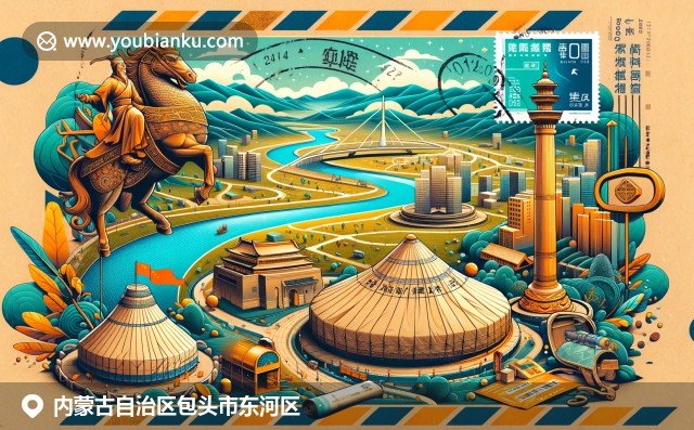 内蒙古包头市东河区黄河、成吉思汗雕像和传统蒙古包的文化融合，描绘航空邮件信封邮政元素