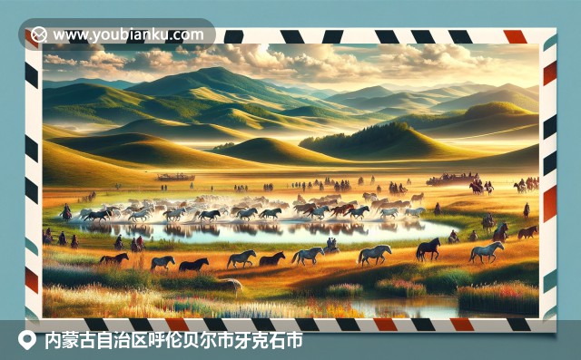 内蒙古呼伦贝尔市牙克石市，呼伦湖大草原上自由奔跑的马群，邮政元素与草原风情完美融合
