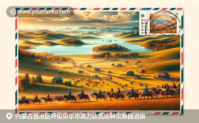 内蒙古呼伦贝尔市莫力达瓦达斡尔族自治旗的自然与文化融合，展现草原风景与邮政元素