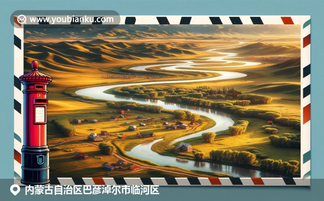 内蒙古临河区特色插图：黄河草原景观、蒙古包和邮政元素的完美融合