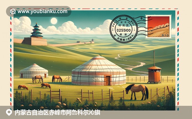 内蒙古自然与文化交融，展现蒙古包和草原马匹，融入中国邮政元素