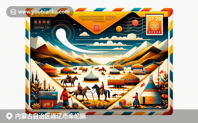 内蒙古库伦旗独特风情，草原、蒙古包和骑手构成明信片景观，展现游牧文化。邮政元素融入，体现地域特色和编码主题