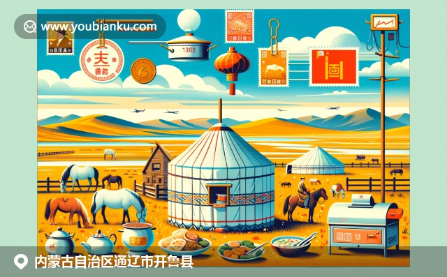 内蒙古开鲁县草原牧羊景观，蒙古包与航空邮件元素融合