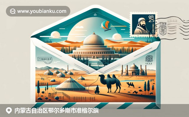 鄂尔多斯准格尔旗特色元素：成吉思汗陵、沙漠骆驼和蒙古包，融合航空邮件信封，展现当地文化和自然风貌