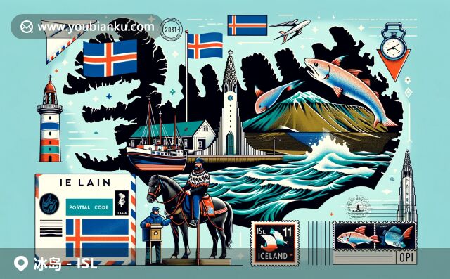 冰岛国旗、哈尔格林姆斯教堂和蓝湖景观，融入航空信封、鳕鱼邮票和传统邮递员
