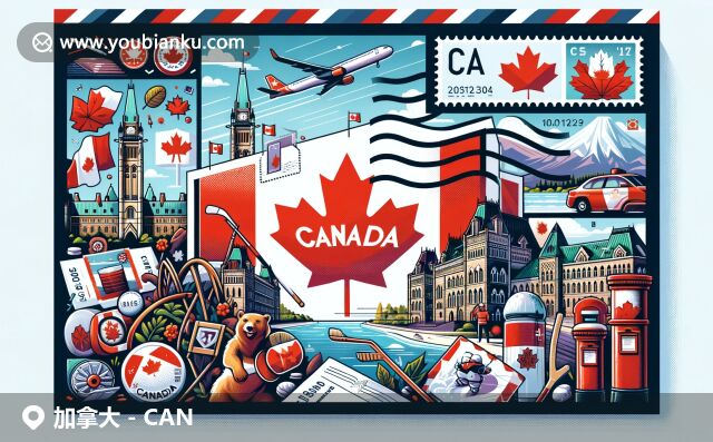 加拿大自然与文化的完美融合，展现国旗、地标和特色物品，突出邮政元素和通用邮政编码