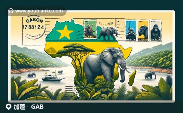 加蓬丰富的生物多样性与邮政主题的现代插画呈现，展示国旗、地图、大象和大猩猩