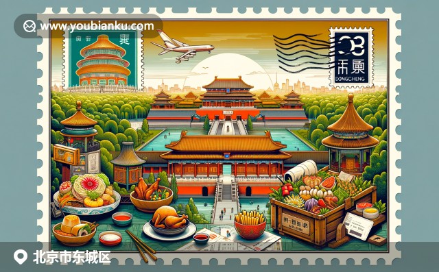 现代插画展现北京东城区文化特色，结合故宫午门、京剧脸谱和烤鸭元素