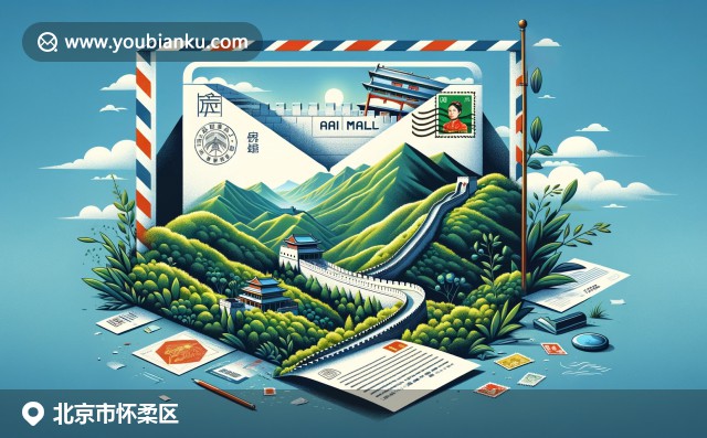 懷柔長城一段，融入航空郵件元素，山脈風光與中國郵政設計相映成趣