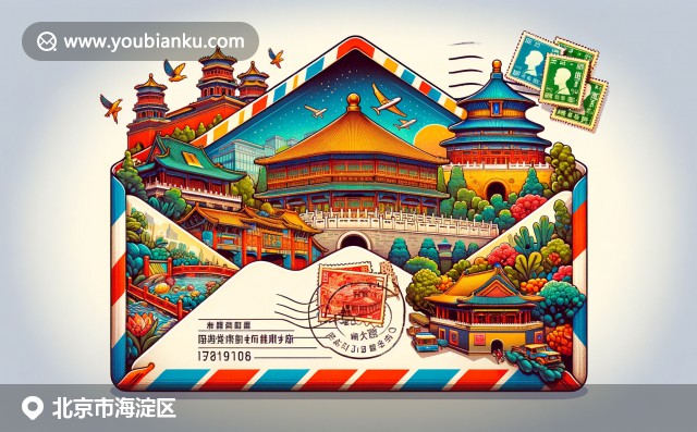 展现海淀区文化和历史特色，颐和园与北京大学、清华大学标志性建筑，融入航空邮件元素