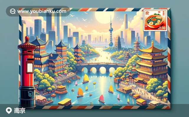 南京紫金山、秦淮河、长江大桥与邮政元素的融合：展现出独特的文化创意