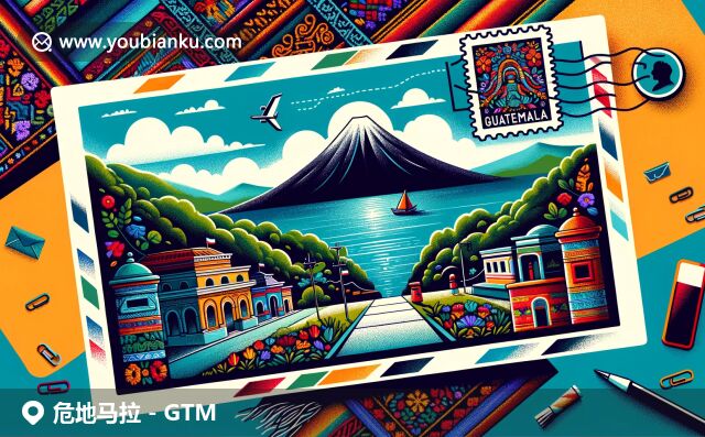 危地马拉文化与自然风光，提卡尔遗址、阿蒂特兰湖和火山，传统织物与邮政元素相融