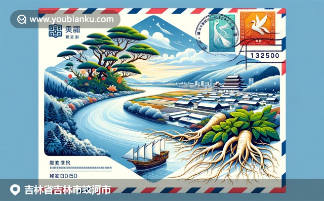 融合哈尼亚河、人参根和雪景图案的空邮信封，展现吉林蛟河市独特文化和地理特色