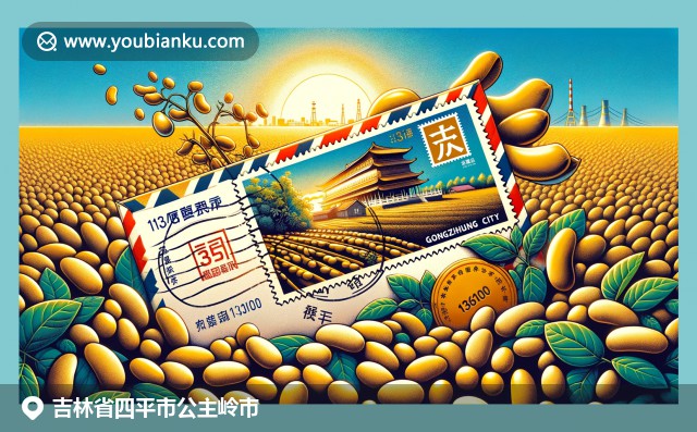吉林公主嶺市，陽光下的大豆田地與中國郵政元素明信片