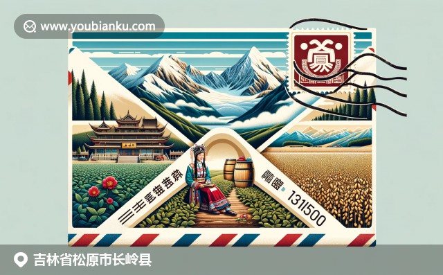 長白山脈壯麗風光、滿族傳統服飾與大豆田：長嶺郵政主題插圖
