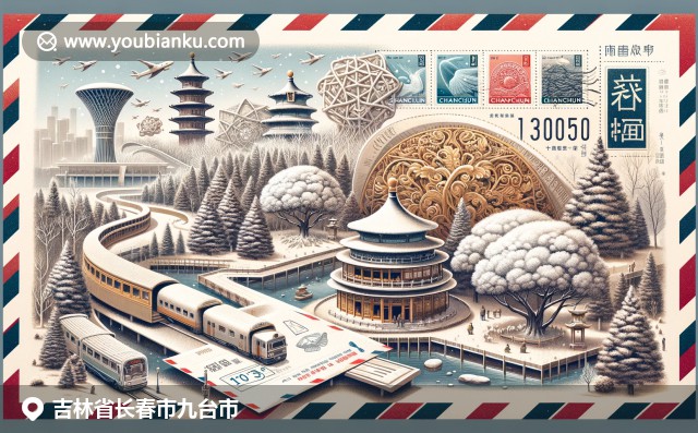 長春九台區獨特風貌，航空郵件信封展示九台文化特色與地標景觀，融入郵政元素