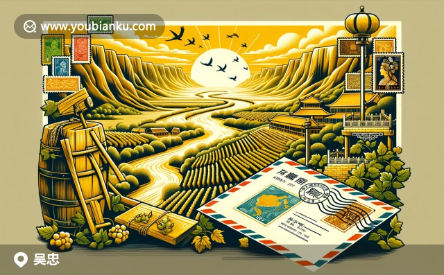 吳忠自然風光與文化精髓的融合，展現黃河流經肥沃平原和葡萄園景色，復古航空郵件信封中的中國郵票和郵戳