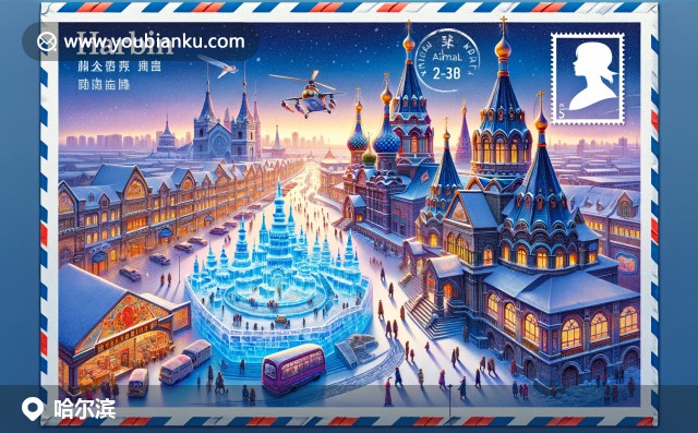 哈尔滨冬季魅力展现：冰雪大世界、索菲亚大教堂、中央大街美食和邮政元素的融合