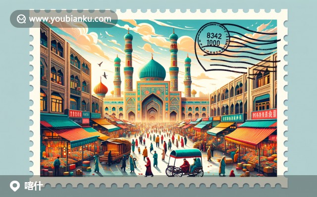 喀什文化與地理特色現代插畫展現，描繪清真寺、集市和傳統樂器，結合郵政元素