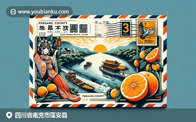 四川蓬安縣嘉陵江風光、四川戲劇文化與柑橘果實的融合，展現打開的航空郵件信封內郵票、郵戳和傳統郵筒圖案