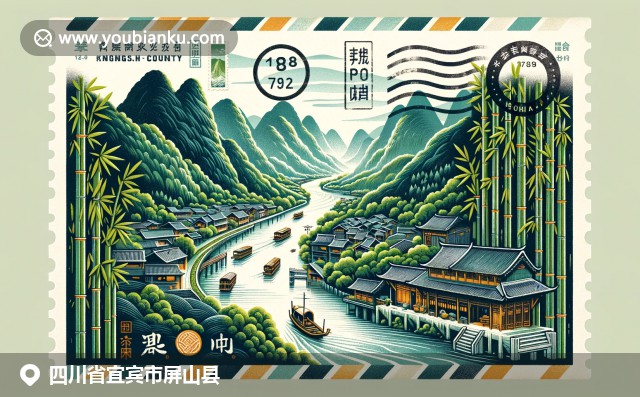 四川文化与现代设计的完美融合，展现屏山大桥、柑橘和沱江河景，体现地方特色与邮政元素
