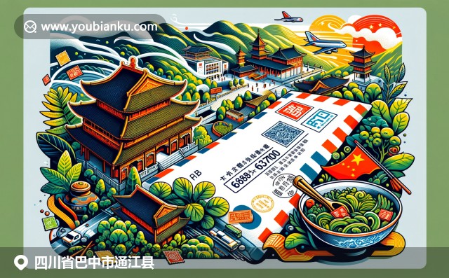 四川通江縣地域特色插圖，展現寶珍道觀、自然風光與美食文化，融入中國風郵政元素