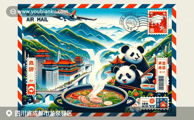四川龙泉驿区的自然与文化融合，展现龙泉山、可爱大熊猫和辣火锅，融入航空邮件元素