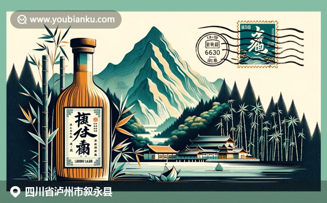 四川叙永县邮政主题图，融合老君山、泸州老窖和竹海元素，展示现代风格