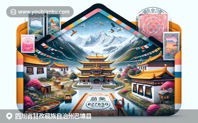 四川甘孜巴塘县：雅拉雪山、传统藏式房屋、经幡和邮政元素完美融合