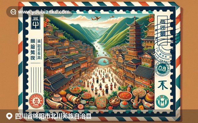 四川北川羌族文化与自然精髓，展现石塔、木建筑和羌族文化庆典
