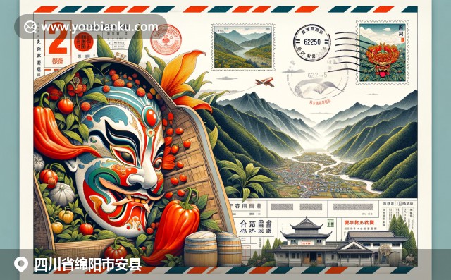 四川文化與歷史的融合，展示福樂山景色、歌劇面具和四川辣椒，融入航空郵件元素