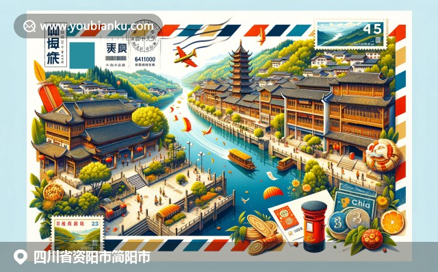 简阳文化与自然美景融合，展示罗岗古镇、石象湖和四川花椒，设计元素包括航空邮件信封