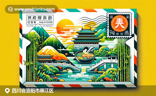四川雁江區文化與美食融合，展示羅浮山景觀、竹林和辣火鍋，現代航空郵件設計
