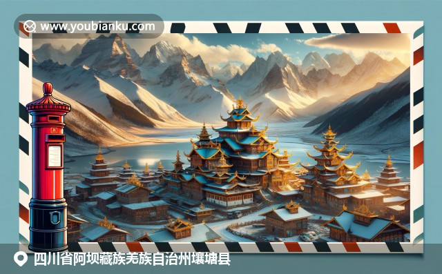 四川壤塘县藏族建筑与雪山背景，融入航空邮件元素