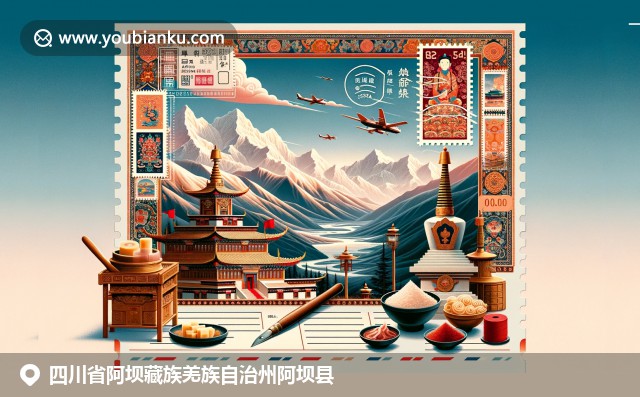 阿坝县黄龙景区的五彩池、藏羌文化元素和航空邮政设计的小品