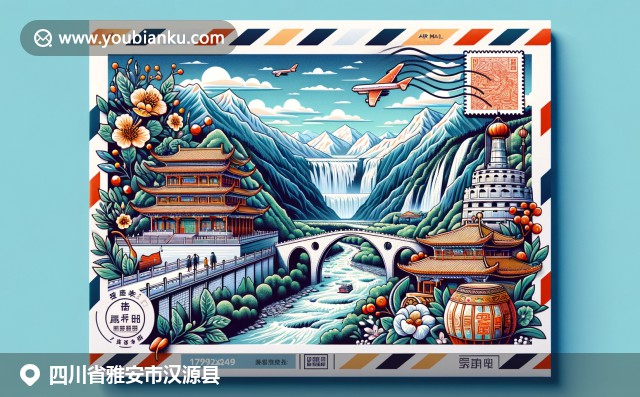 四川汉源县地域特色的完美呈现：冰川公园景观、泸定桥建筑、邛崃椒特色植物与中国长城图案